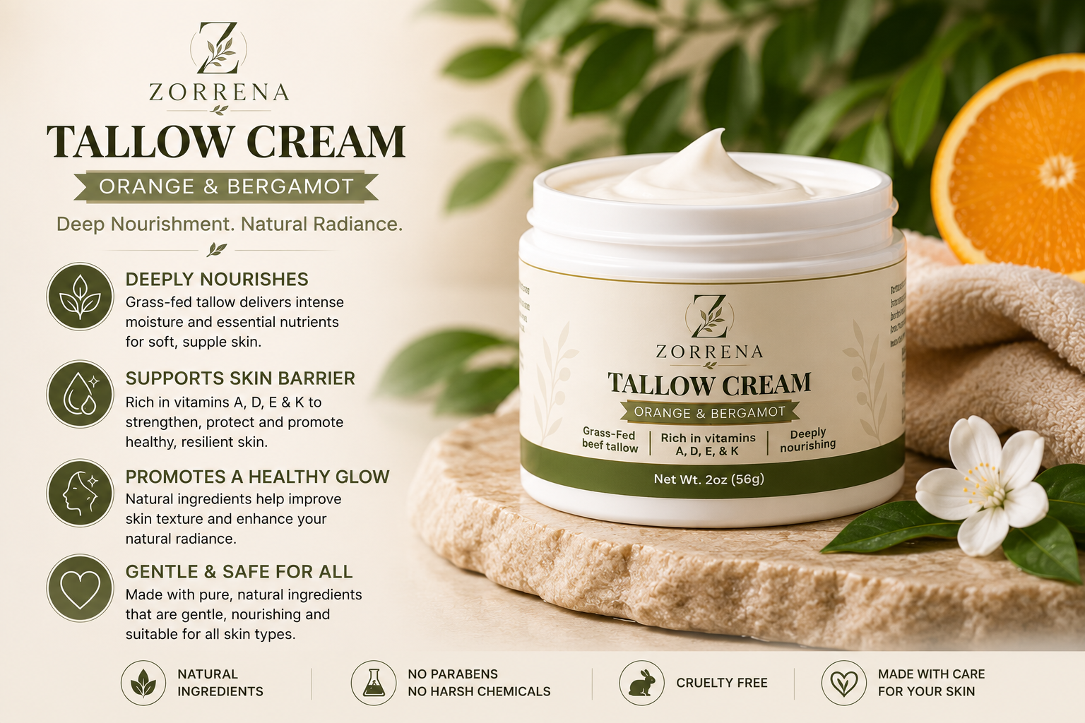 Zorrena Tallow Cream – Orange & Bergamot